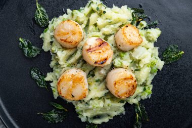 Deniz ürünleri, nane püresiyle pişirilmiş deniz tarakları, üst manzara.