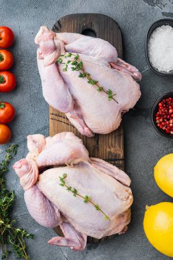 Tamamen çiğ, taze tavuk, bitkiler ve malzemelerle, gri arka planda, üst manzara.
