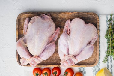 Beyaz arka planda bitkiler ve malzemelerle organik taze poussins, metin için metin alanı ile üst görünüm