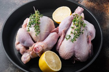 Çiğ koquelet tavukları ızgara tavuğunda et, eski kırsal arka planda