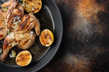 Kavrulmuş altın tavuk, eski kırsal arka planda, metin için fotokopi alanı ile üst görünüm