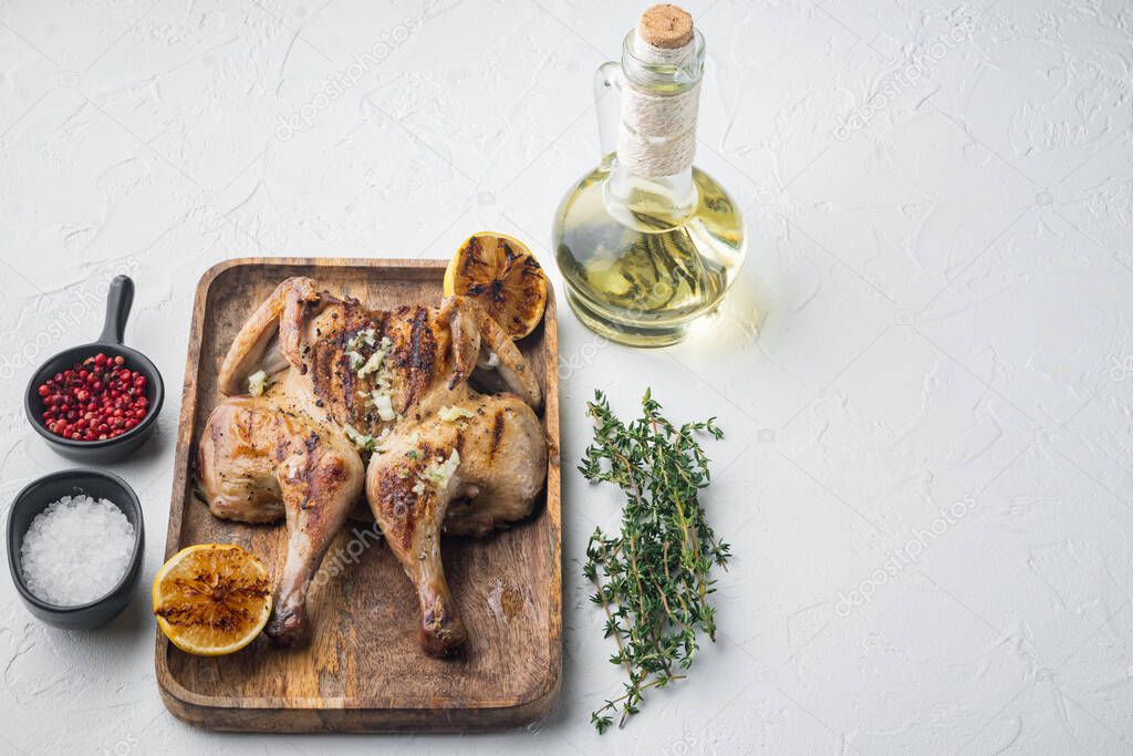 Roasted golden chicken, on white background with copy space for text