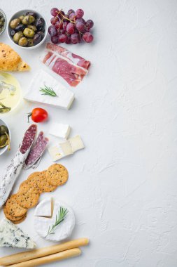 İspanyol yemeği, et çerezi, bitki seti, beyaz arka planda, metin için metin alanı ile düz yatıyordu