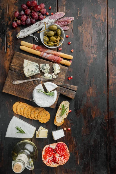 Spanish Snacks Meat Cheese Herbs Set Dark Wooden Background Flat — Stock Photo, Image