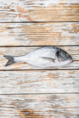 Çiğ dorada ya da Gilt kafa beyaz ahşap masa üzerindeki balık ezmesi.