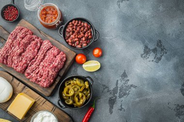 Meksika usulü salsa soslu quesadilla için malzemeler, gri arkaplanda, üst görünüm düz metin alanı için fotokopi yatıyordu