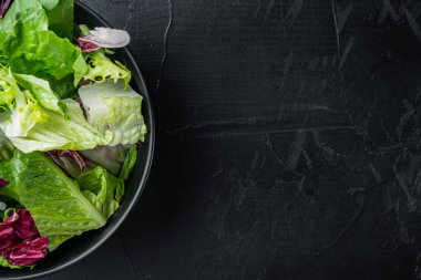 Farklı marul salatalarının taze yaprakları, siyah arkaplan üzerinde, üst görünüm düz metin için metin alanı ile yatıyordu