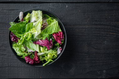 Farklı marul salatalarından taze yapraklar, siyah ahşap masa arkaplanı, üst görünüm düz metin alanı için fotokopi alanı ile yatıyordu
