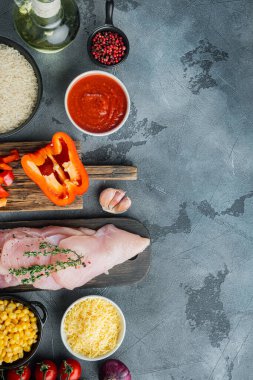 Meksika yemek malzemeleri Tavuk Enchilada, pirinç güveç, gri arka planda, üst görünüm düz metin alanı için fotokopi alanı ile yatıyordu