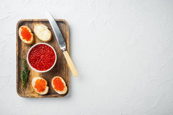Canape Red Salmon Caviar Újévi Fehér Háttér Felső Nézet Lapos — Stock Fotó