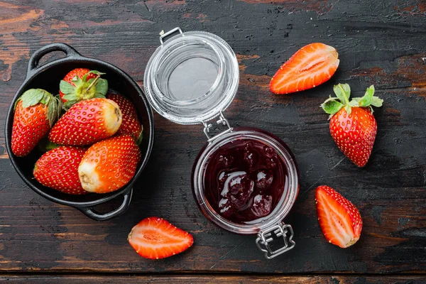 Small Glass Bowl Red Berry Jam Old Dark Wooden Table — Stock Photo, Image