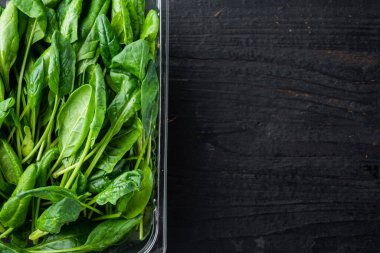 Taze ıspanak seti, siyah ahşap masa zemininde, plastik pakette, en üstteki düz yerde, metin kopyalama alanı için yeri var.