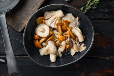 Terbiye edilmiş mantar seti, eski koyu ahşap masa arkaplanı, üst görünüm düz yatıyordu