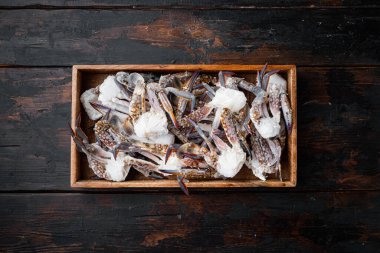 Donmuş çiğ mavi yüzen yengeç pençeleri seti, ahşap kutuda, koyu ahşap arka planda, üst manzara düz yatıyordu.