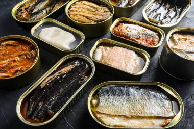 Teneke kutu saury, uskumru, ispinoz, sardalya, sardalya, kalamar., 