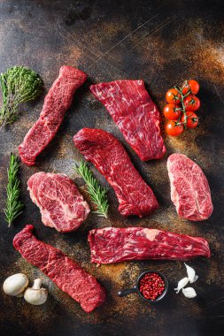 Alternatif çiğ biftek kanat bifteği, pala bifteği ya da etek kesimi, üst bıçak ya da düz demir et ve üçlü uç, Denver 'la üçlü rosto, eski kırsal metal yüzey üzerine yan görüş. .