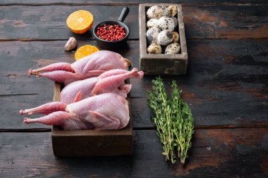 Taze çiğ bıldırcın pişirmeye hazır, koyu ahşap zemin üzerinde metin için yer var.