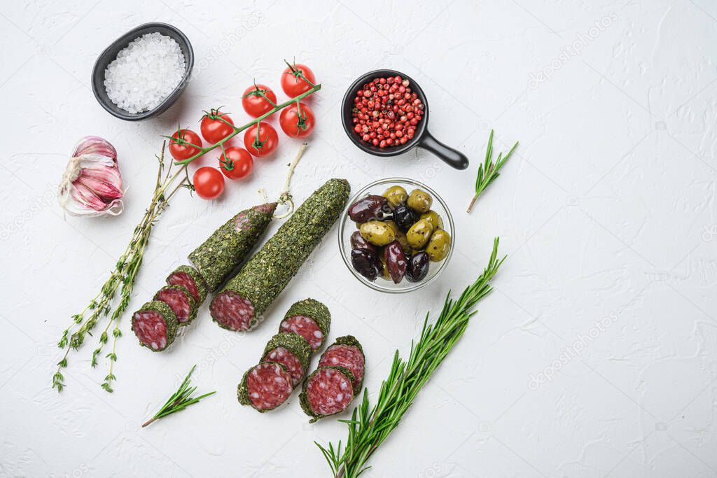 Traditianal fuet sausage in herbs with ingredients on white textured background.