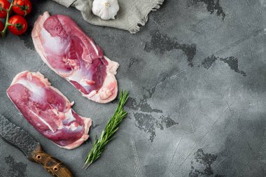 Pişmemiş ördek filetosu, çiğ et seti, bitkiler ve malzemelerle, gri taş zemin üzerinde, üst görünüm düz, metin için telif alanı ve boşluk