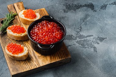 Yağ kırmızısı havyarlı, gri arkaplan ve metin için kopya alanı