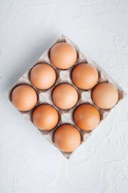 Yumurta kutusu seti içinde tavuk yumurtaları, beyaz arka planda, üst manzara düz.