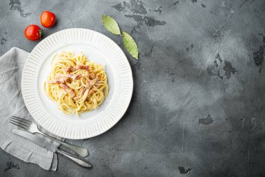 Klasik ev yapımı domuz pastırmalı makarna soslu İtalyan pastırması, yumurta, parmesan peyniri seti, gri taştan arka planda, düz manzaralı, metin alanı için fotokopi alanı var.