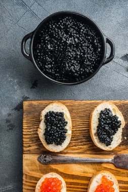 Siyah mersin balıklı kanepeler, ve somon balıklı havyar, gri arka planda, üst manzara düz