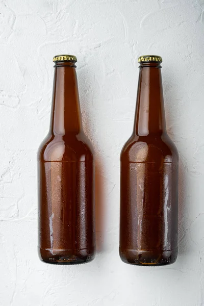 Fresh Beer Glass Bottles Set White Stone Surface Top View —  Fotos de Stock