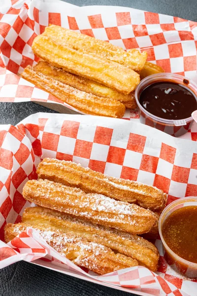 Churros Sugar Powder Box Paper Tray Gray Background —  Fotos de Stock