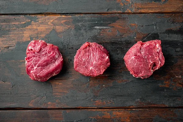 Raw Beef Fillet Steaks Spices Set Old Dark Wooden Table — Foto de Stock