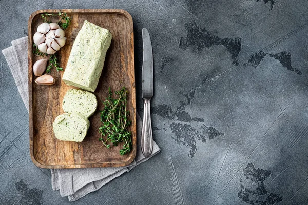 Farm Vaj Egy Gyógynövény Szendvicsek Steak Készlet Szürke Háttér Másolási — Stock Fotó