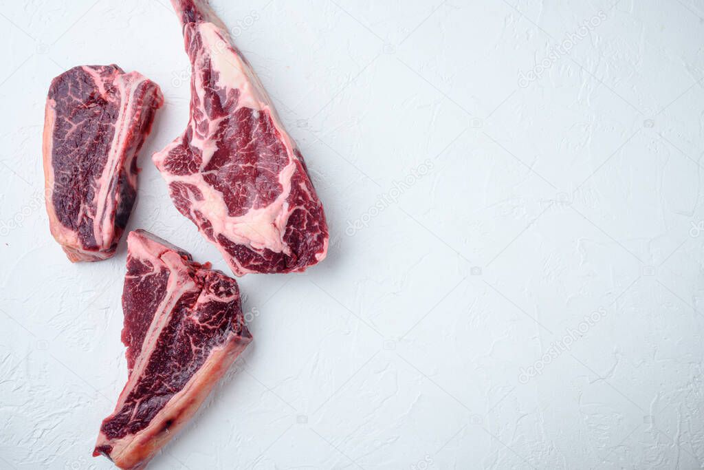 Various cuts of meat dry aged beef set, tomahawk, t bone or porterhouse and club steak, on white stone  background, top view flat lay, with copy space for text