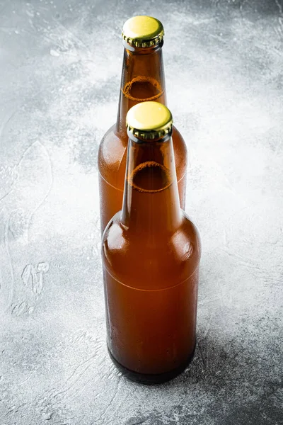 Set Botellas Cerveza Sobre Fondo Piedra Gris —  Fotos de Stock