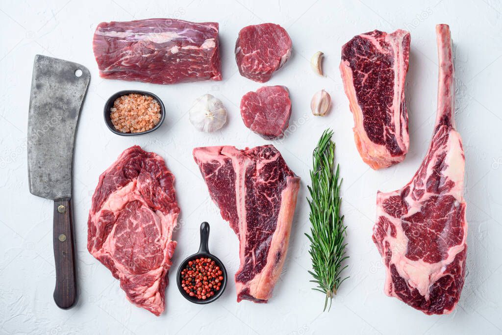 Marbled beef meat steak cut set, tomahawk, t bone, club steak, rib eye and tenderloin cuts, on white stone  background, top view flat lay