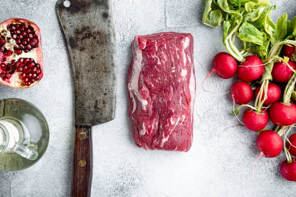 Fresh Raw Beef Tenderloin Seasonings Rosemary Whole Uncut Piece Set — Stock Photo, Image