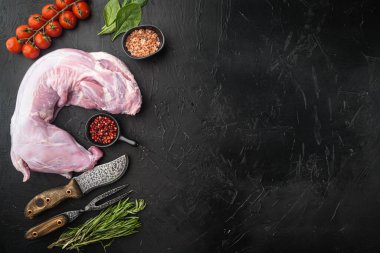 Taze çiğ tavşan zeytinyağı, biberiye, biber, deniz tuzu, soğan seti, siyah taş zemin üzerinde, üst düz görünüm, metin için metin alanı ile