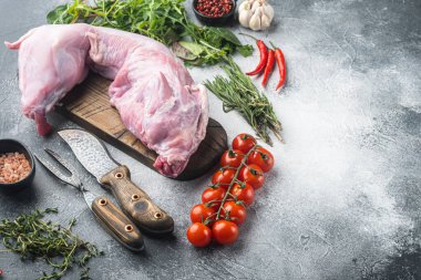 Limon, tuz ve maydanozlu taze tavşan eti, gri taş arka planda, metin için kopyalama alanı ile birlikte.