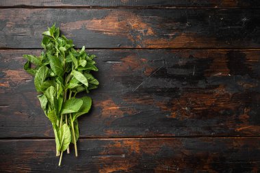 Taze nane ya da nane şekeri seti, eski koyu ahşap masa arkaplanı üzerine, üst görünüm düz, metin alanı için kopyalama alanı ile