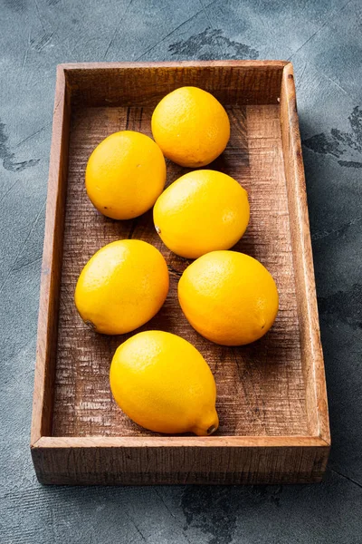 Ripe Lemons Set Wooden Box Gray Background — Stock Photo, Image