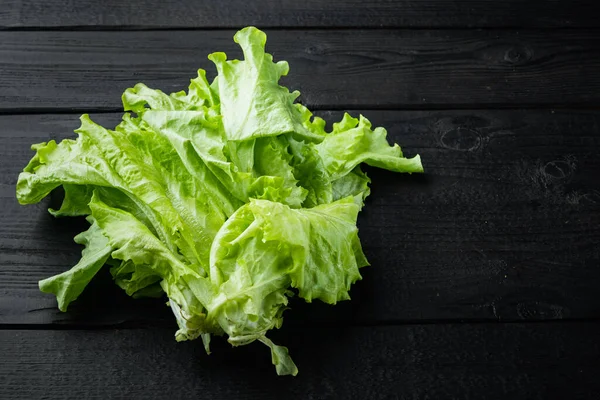 Çiğ organik yeşil, meşe marulu, siyah ahşap masa üzerinde metin için fotokopi alanı