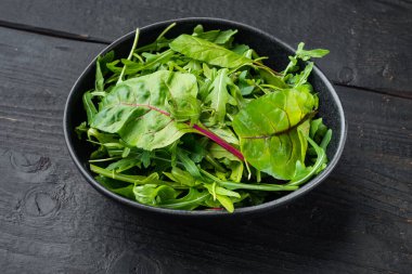Arugula, Chard şifalı bitkiler seti, siyah ahşap masa arka planında.