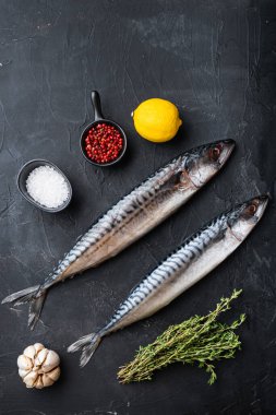 Siyah desenli arka planda uskumru, üst görünüm.