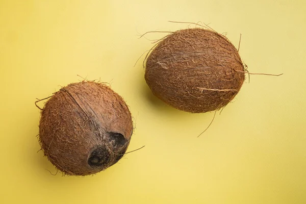 Kokosnuss Ganzes Set Auf Gelbem Texturierten Sommerhintergrund Von Oben Flach — Stockfoto