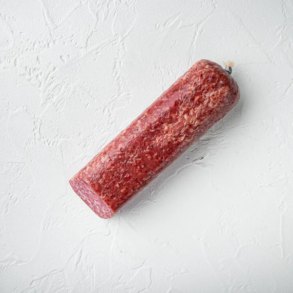 Salami Fresh Rosemary Spices Set Square Format White Stone Table — Stock Photo, Image