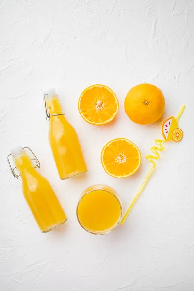 Fresh Orange Juice Set White Stone Table Background Top View — Stock Photo, Image