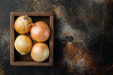 Organik soğanlar, eski koyu kırsal arka planda, üst görünüm düz metin için kopyalama alanı ile yatıyordu