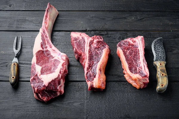 Suché Zrání Syrové Porterhouse Hovězí Maso Steak Set Tomahawk Kost — Stock fotografie