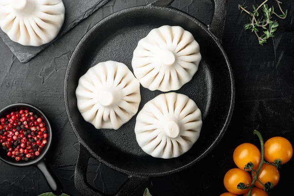 Stuffed Dumplings Manti Dough Minced Set Frying Cast Iron Pan — Stock Photo, Image