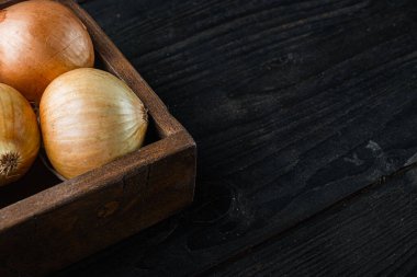 Taze soğan hasadı, siyah ahşap masa arkasında metin için fotokopi alanı ile birlikte.