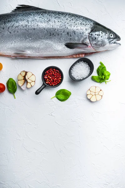 Verse Hele Zalm Witte Achtergrond Plat Gelegd Met Kopieerruimte — Stockfoto